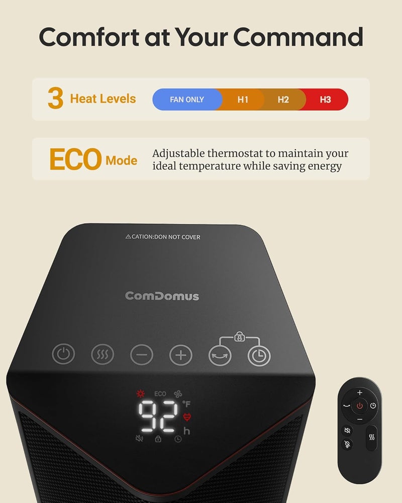 ComDomus Space Heaters for Indoor Use, 1500W Portable Electric Heater with Thermostat, 70° Oscillation, 5 Modes, 12H Timer, White Small Room Heater for Office Bedroom Desk - Image 5